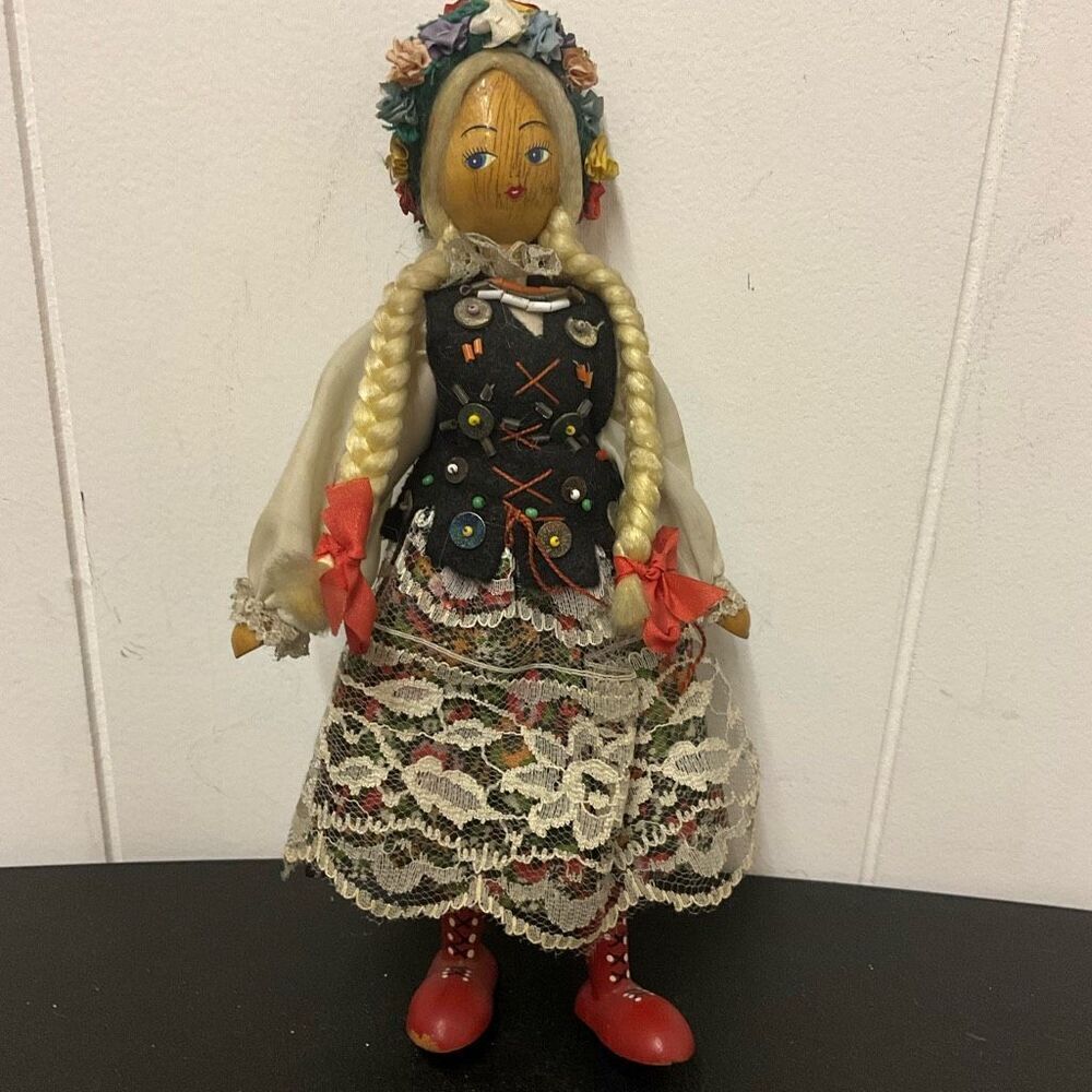 Ethnic Vintage Wooden Peg Doll Folk Art Blond Braids Floral Dress 9”